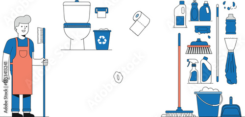 Janitor, Toilet, and Hygiene Tools Vector Set for Home, Office, and Commercial Sanitation.