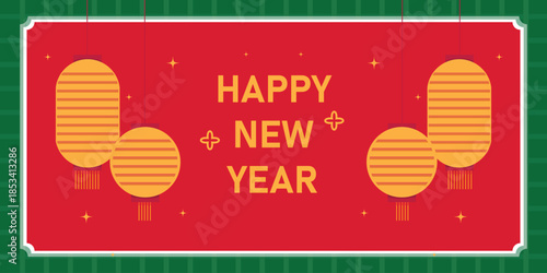 Festive red background with glowing lanterns for New Year celebration.