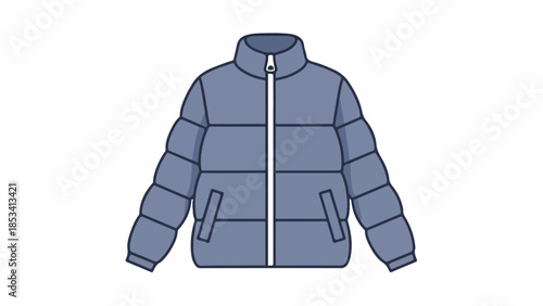 Flat illustration of a blue puffer jacket with a zipper and pockets on a white background.