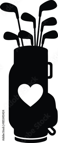 Modern solid symbol showing a set of drivers and irons to denote specialized tournament play, luxury leisure activities, healthy active lifestyles, and findings.