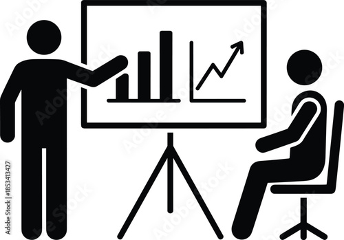 Modern solid symbol showing a teacher and learner to denote specialized executive leadership mentoring, classroom lecture sessions, strategic business orientation, and findings.