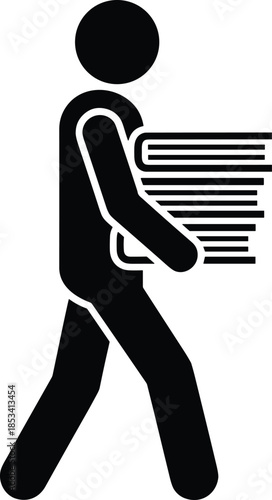 Modern solid symbol showing an individual transporting literature to denote specialized literacy campaigns, back to school shopping, teacher training, and educational findings.
