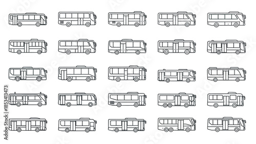 Comprehensive collection of various public transportation bus vehicle line icons, showcasing different designs suitable for travel, transit, and mobility-related graphic illustrations