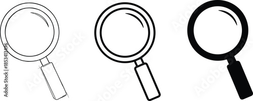 Modern vector symbol showing progressive levels of focal lens detail to denote specialized optical zoom, investigative curiosity, document verification, and analytical findings.