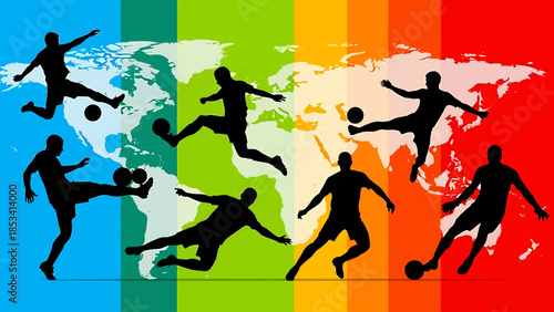 Energetic soccer players in action kicking balls on a world map background