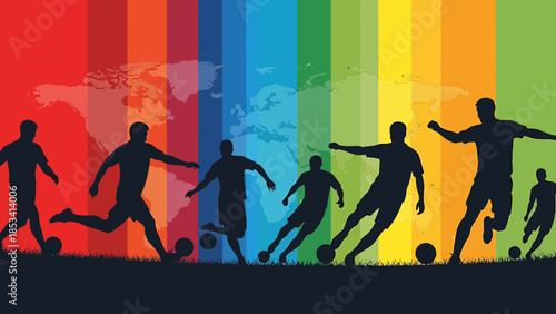 Energetic soccer players in action kicking balls on a world map background