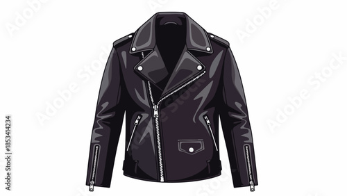 High-quality illustration of a black leather biker jacket with silver hardware on a white background.