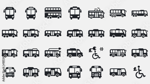 Collection of Various Bus Icons Representing Public Transportation