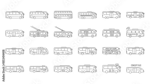 Concept Bus and Trolley Vehicle Line Art Vector Illustrations Set - Modern Public Transport Outline Icons for City Transit Design