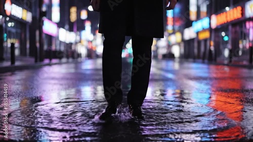 Person walking through a puddle in a city at night with neon signs reflecting