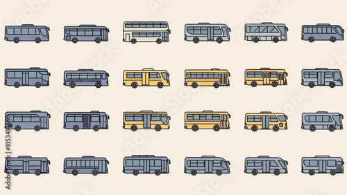 Collection of diverse bus illustrations in various designs and colors, symbolizing public transportation and urban mobility options