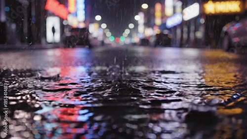 Raindrop impact in urban setting, showcasing splash and reflections from neon lights