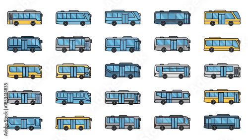 Collection of various school buses illustrated from different viewpoints
