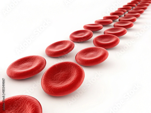 3D rendering of a precise, linear arrangement of perfectly formed red blood cells (erythrocytes) stretching horizontally across a pure white background. Each cell is in exquisite focus, showcasing