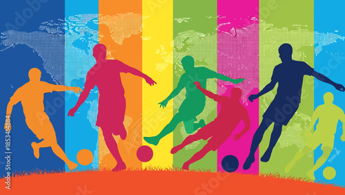 Energetic soccer players in action kicking balls on a world map background