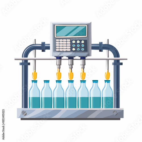 Machine industrielle d’embouteillage automatique avec bouteilles transparentes, isolé sur fond blanc