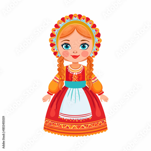 Illustration vectorielle d’une fillette en costume folklorique russe – style cartoon culturel