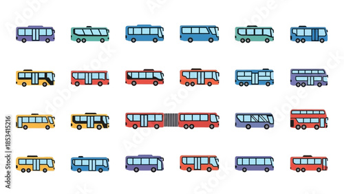 Various colorful buses and trains in a grid pattern on a white background