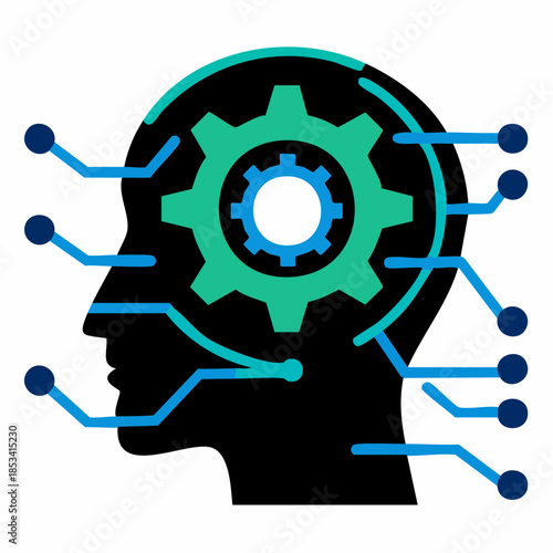 Icône stylisée d’intelligence artificielle – tête humaine avec engrenage et circuits
