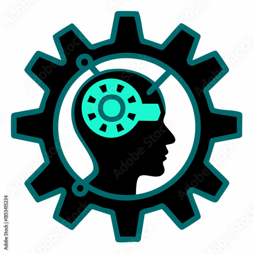 Icône stylisée d’intelligence artificielle – tête humaine avec engrenage et circuits