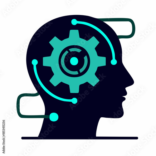 Icône stylisée d’intelligence artificielle – tête humaine avec engrenage et circuits