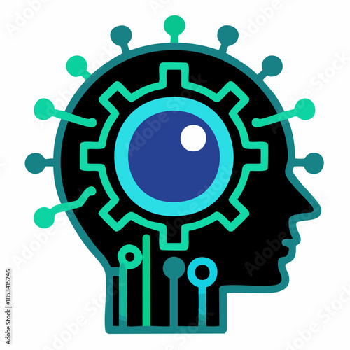 Icône stylisée d’intelligence artificielle – tête humaine avec engrenage et circuits