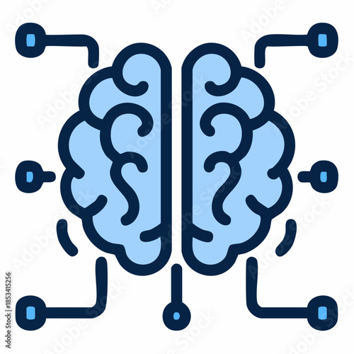 Machine learning. Icône vectorielle stylisée représentant un cerveau humain divisé en deux hémisphères, entouré d’un réseau de lignes et de nœuds évoquant une interface numérique.