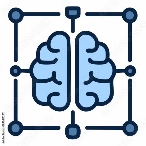 Machine learning. Icône vectorielle stylisée représentant un cerveau humain divisé en deux hémisphères, entouré d’un réseau de lignes et de nœuds évoquant une interface numérique.