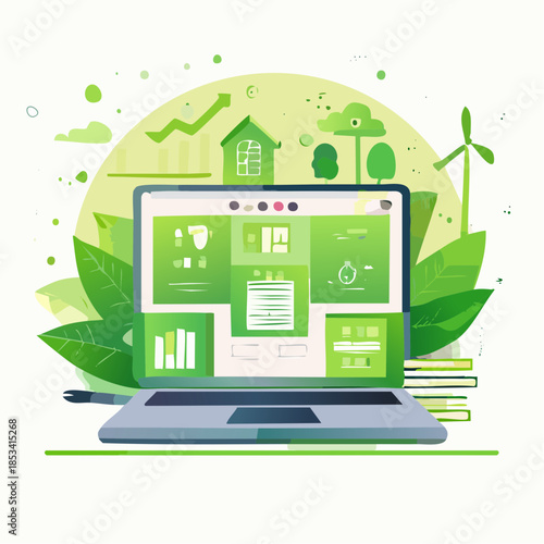 Illustration conceptuelle du green IT avec ordinateur portable et icônes écologiques