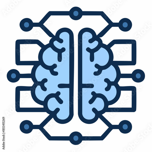 Machine learning. Icône vectorielle stylisée représentant un cerveau humain divisé en deux hémisphères, entouré d’un réseau de lignes et de nœuds évoquant une interface numérique.