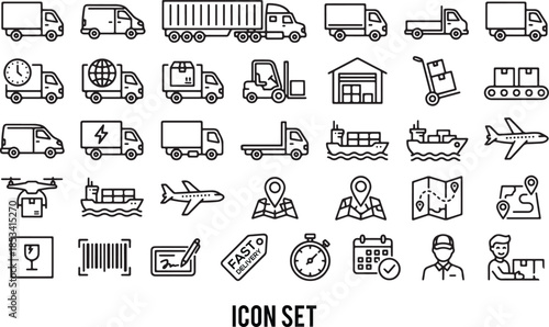 Delivery truck icon set. Logistics and express delivery symbol. Vector illustration