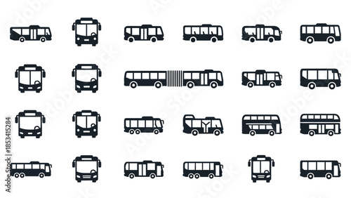 Collection of simplified bus icons, showcasing diverse vehicle designs for transportation and public transit themes