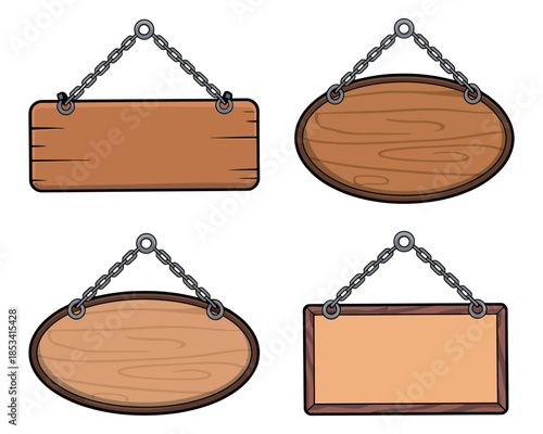 Four wooden signs hang from metal chains against a white background.