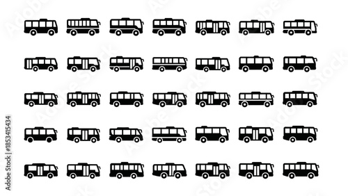 Collection of various bus illustrations arranged in a grid pattern on a white background