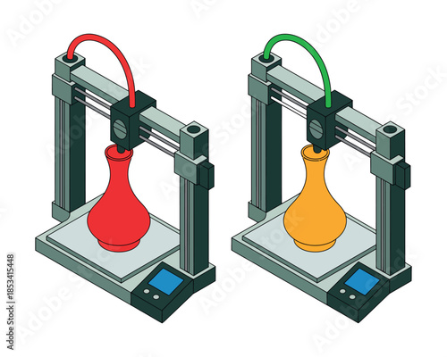 Two 3D printers are shown side by side, each printing a different colored vase.