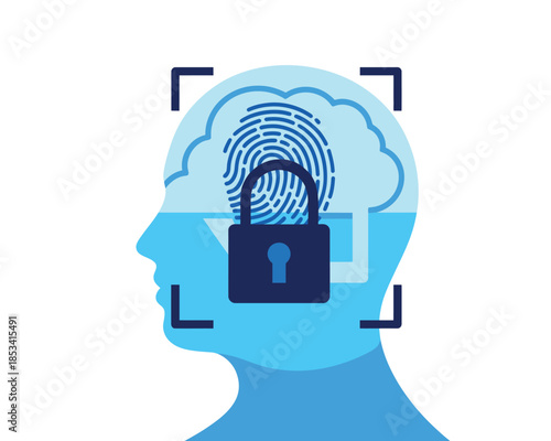 Digital fingerprint and padlock are superimposed on a human brain silhouette, representing digital security.