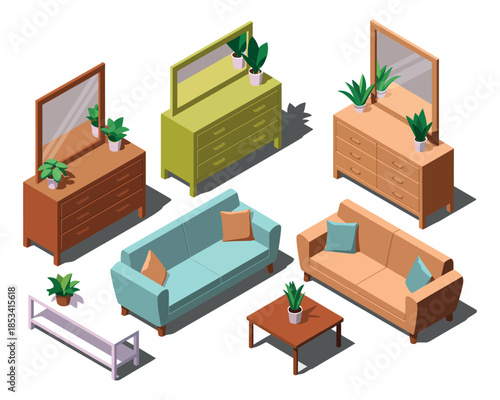 A collection of isometric furniture pieces, including sofas, dressers, and a coffee table, arranged on a white background.