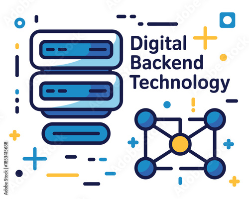 Digital backend technology concept with servers and network nodes.