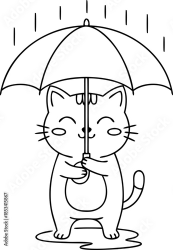 Cute Cat Holding Umbrella Outline Illustration