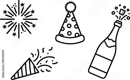 Celebration icons including party hats and champagne