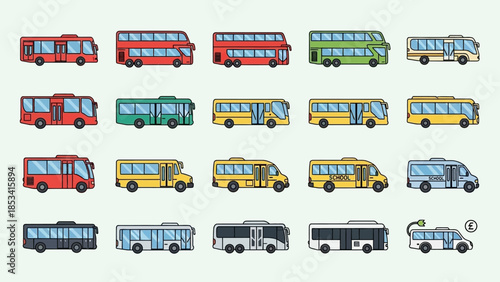 Collection of various colorful buses and coaches illustrated in a grid pattern on a plain background