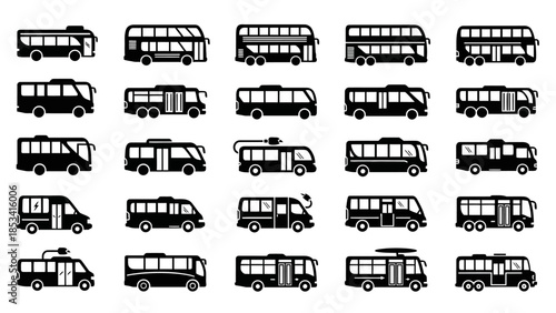 Collection of various bus silhouettes illustrated in black on a white background