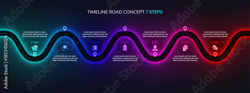 Timeline infographic 7 steps timeline concept. Winding road.