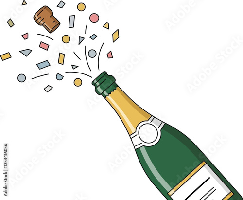 Champagne bottle popping with colorful confetti and cork flying