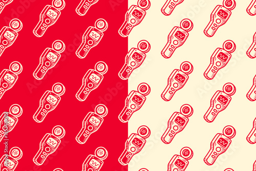Space detector device hand drawn doodle seamless pattern on red beige background for kid merchandise. Sensor scanner tool engraving pattern background. Handheld detection tool hatching motif wallpaper