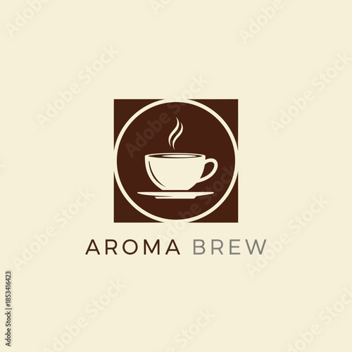 Aroma Brew Coffee Cup Logo Design with Steam and Circle.