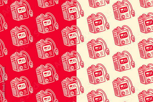 Portable charging device hand drawn doodle seamless pattern on red beige background for merchandise. Power charger engraving pattern background. Battery charging unit hatching motif wallpaper
