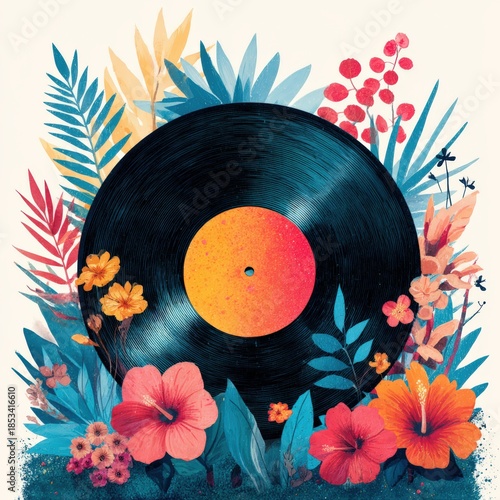 A vibrant illustration featuring a vinyl record surrounded by colorful tropical flowers and lush leaves.