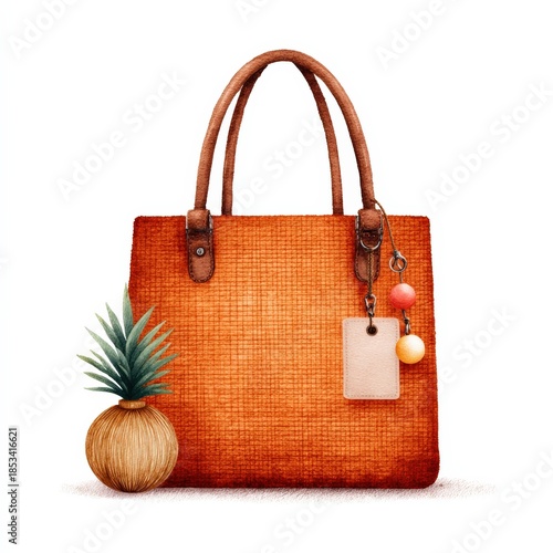 A stylish orange handbag rests beside a decorative pineapple plant, showcasing modern design and vibrant colors.