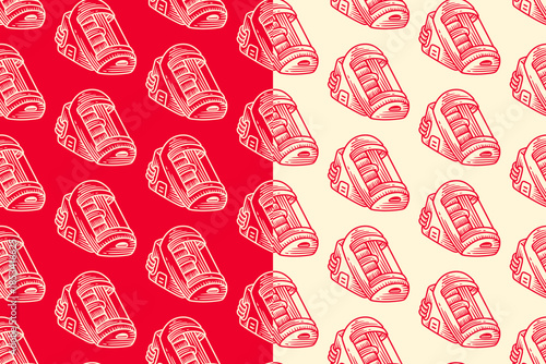 Astronaut hibernation pod hand drawn doodle seamless pattern on red beige background for kid merchandise. Space sleep capsule engraving pattern background. Cryosleep chamber hatching motif wallpaper